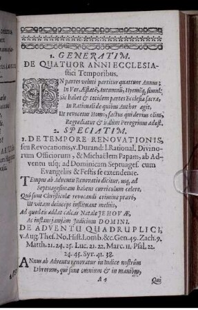 1. Generatim. De Quatuor Anni Ecclesiastici Temporibus 2. Speciatim. De Tempore Renovationis ...