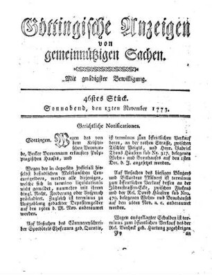 46stes Stück. Sonnabend, den 13ten November 1773.