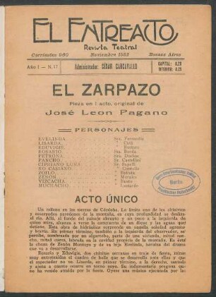 1922000117: El zarpazo : pieza en un acto