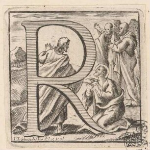Initiale R (Jesus übergibt dem heiligen Petrus die Schlüssel des Himmelreichs), aus: Clementis Undecimi Pont. Max. Bullarium, 2 Bde., Rom 1723