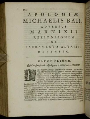 Apologiae Michaelis Baii, Adversus Marnixii Responsionem De Sacramento Altaris, Defensio