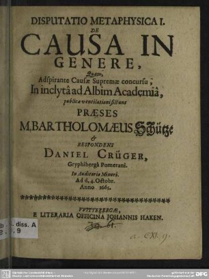 1: Disputatio metaphysica ... de causa in genere