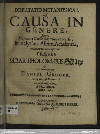 1: Disputatio metaphysica ... de causa in genere