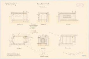 Kadettenanstalt der Garnison, Naumburg/Saale: Leichenhaus: Grundriss Sparrenlage, Aufriss Südansicht, Westansicht, Längsschnitt, Querschnitt 1:100