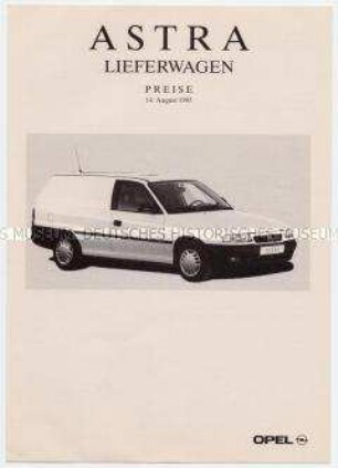 Werbematerial der Opel-AG: Preisliste zum Modell "Astra - Lieferwagen"