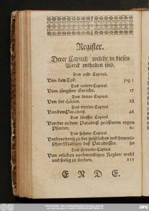Register. Derer Capitel, welche in diesen Werck enthalten sind.
