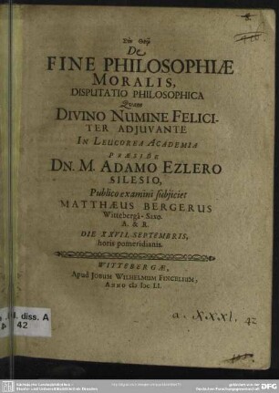 De fine philosophiae moralis, disputatio philosophica