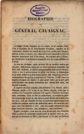Biographie du Général Cavaignac : [Umschlagtitel.]