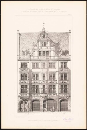 Eingebautes Wohn- und Geschäftshaus: Ansicht (aus: C. Schäfer, Die Bauhütte, Entwürfe im Stile des Mittelalters, 3. Bd., 1895, Blatt 53)