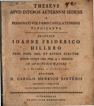 Theseus apud inferos acternum sedens, a personati Voltairii cavillationibus vindicatus