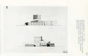 Theater an der Budapester Straße, Berlin-Tiergarten (Diplomarbeit bei Peter Poelzig): Ansichten vom Breitscheidplatz und von der Budapester Straße aus