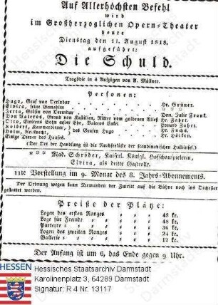 Darmstadt, Hoftheater / Theaterzettel 1818 August 11 / 'Die Schuld' (Tragödie) von A[dolf] Müllner (1774-1829)