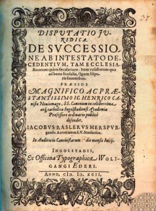 Disputatio Juridica. De Svccessione Ab Intestato Decedentivm, Tam Ecclesiasticorum quam saecularium : Item vasallorum quo ad bona feudalia