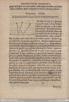 Propositio XXIII. In speculi planis unam solam imaginem apparere.