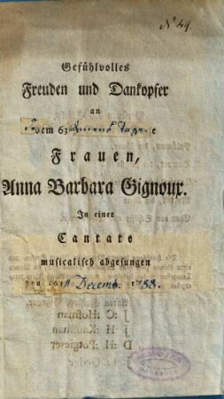 Gefühle kindlicher Hochachtung am siebenzigsten Geburtsfeste meiner zärtlich geliebten Mutter, Frau Barbara Genioux : den 16. Sept. 1795.