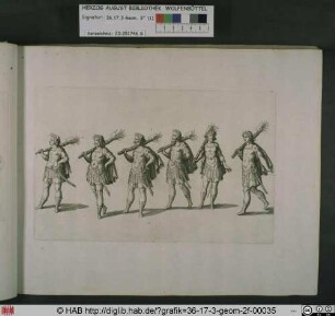 Sechs Amtsdiener mit Liktorenbündeln.