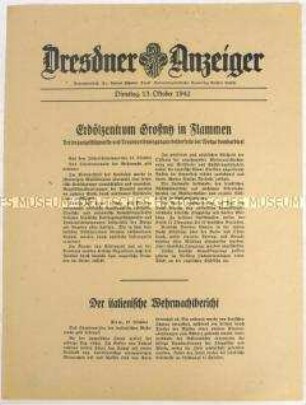 Nachrichtenblatt "Dresdner Anzeiger" mit Meldungen des Oberkommandos der Wehrmacht und des italienischen Oberkommandos u.a. zum Kriegsgeschehen an der Ostfront und zu Luftkämpfen um Tobruk