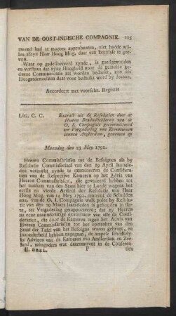 Litt. C.C. Extract uit de resolutien door de heeren bewindhebberen van de O. I. Compagnie ...