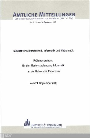 Prüfungsordnung für den Masterstudiengang Informatik an der Universität Paderborn : vom 24. September 2009