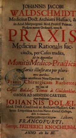 Johannis Jacobi Waldschmidt Praxis medicinae rationalis succincta : per casus tradita et in app. monitis medico-practicis necesseriis illustrata per plurimos morbos