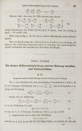 Dritter Abschnitt. Die lineare Differentialgleichung zweiter Ordung zwischen drei Veränderlichen.