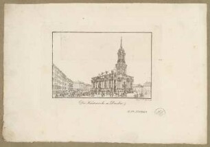 Ansicht der neuen Kreuzkirche in Dresden vom Altmarkt aus, Radierung um 1820 : Die Kreuzkirche in Dresden/ bei C. F. Sprinck. - [Dresden] , [ca. 1820]. - 1 Kunstblatt : kolorierte Radierung ; 12,0 x 8,0 cm