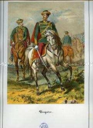 Uniformdarstellung, Husaren und Offizier der Ungarischen Freiwilligen-Husaren-Division, Österreich, 1859.