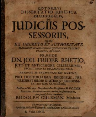 Diss. iur. inaug. de iudiciis possessoriis