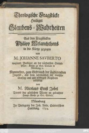 Theologische Fragstücke Heiliger Glaubens-Wahrheiten