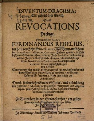 Inventum drachma, das ist Revocations-Predigt : = Ein gefundener Grosch