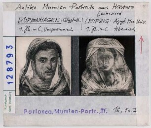 Mumienporträts aus Hawara, Leinwand. Kopenhagen, Glyptothek (links), Leipzig, Ägypt. Museum (rechts)