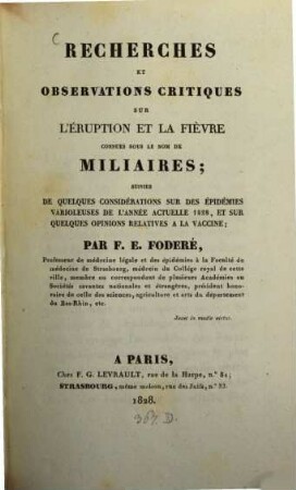 Recherches et observations critiques sur l'eruption et la fièvre connues sous le nom de Miliaires