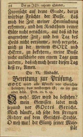 Die VI. Andacht. Bereitung zur Prüfung.