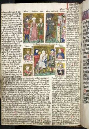 (1) Antitypus: Flucht nach Ägypten; (2) Typus: Rebecca zwischen Esau und Jakob; (3) Typus: Michal verhilft David zur Flucht vor Saul; Propheten-Brustbild