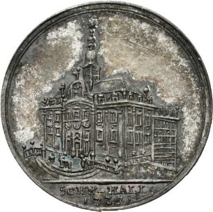 Silberabschlag der Medaille auf den Wiederaufbau des Rathauses von Schwäbisch Hall nach dem großen Stadtbrand, 1735