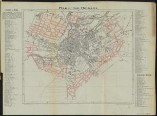 Plan von Chemnitz , Lithographie, 1869 : Plan der Stadt Chemnitz / gef. v. Trubenbach. - Chemnitz : Böhme, [1869]. - 1 Kt. : mehrfarb. Lithogr. ; 31 x 26 cm +++ Mit Straßenverz. und Gebäudekennung