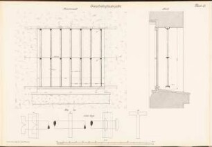 Einzelzellenfenstergitter: Ansichten, Schnitte, Details 1:5 (aus: Musterzeichnungen f. d. Ausbau v. Gefängnissen in Preußen, bearb.im Ministerium d. öffentl. Arbeit, 1912)