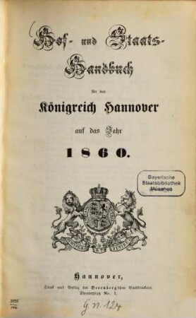Hof- und Staatshandbuch für das Königreich Hannover, 1860