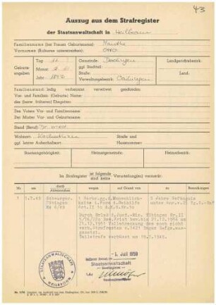 Dr. Otto Mauthe - Auszug aus dem Strafregister der Staatsanwaltschaft Heilbronn; sonstiger Schriftverkehr betreffend Gnadengesuch - Blatt 40-49