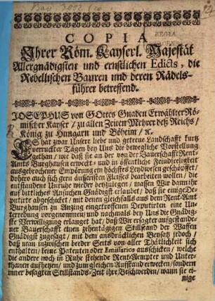 Copia Ihrer R. Kais. Majestät ... Edicts, die rebellischen Bauern ... betr.