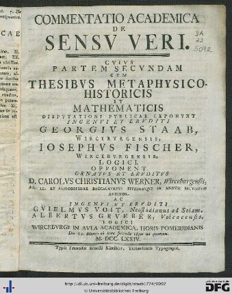 Pars Secunda: Commentatio Academica De Sensv Veri : Thesibvs Metaphysico-Historicis Et Mathematicis