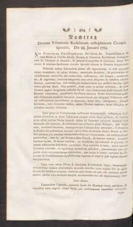 Nachtrag Decreta Visitationis Ecclesiarum collegiatarum Civitatis Spirensis. Die 28. Januarii 1761.