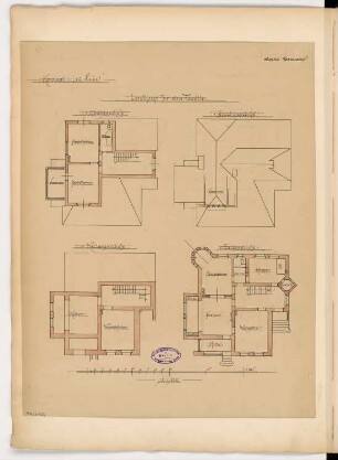 Landhaus Monatskonkurrenz März 1896: Grundriss Keller, Erdgeschoss, Obergeschoss, Dachgeschoss; Maßstabsleiste