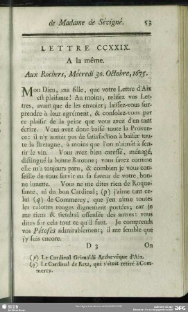 Lettre CCXXIX. A la même. Aux Rochers, Mécredi 30. Octobre, 1675