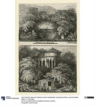 Entwurf zu einer Gartenpatie mit gotischer Ruine, zwei Ansichten