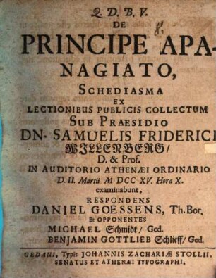 De principe apanagiato, Schediasma ex lectionibus publicis collectum