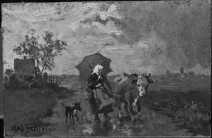 Bäuerin mit Kuh und Hund auf regennasser Landstraße