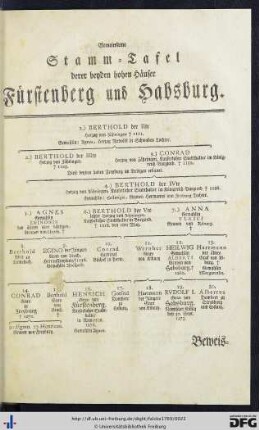 Gemeine Stamm-Tafel derer beyden hohen Häuser Fürstenberg und Habsburg.