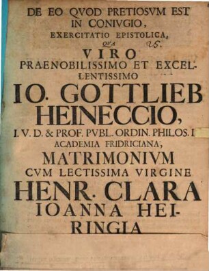 De Eo Qvod Pretiosvm Est In Conivgio, Exercitatio Epistolica