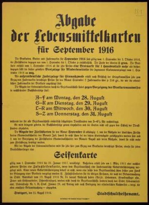 "Abgabe der Lebensmittelkarten für September 1916" sowie einer Seifenkarte an die Bevölkerung von Stuttgart